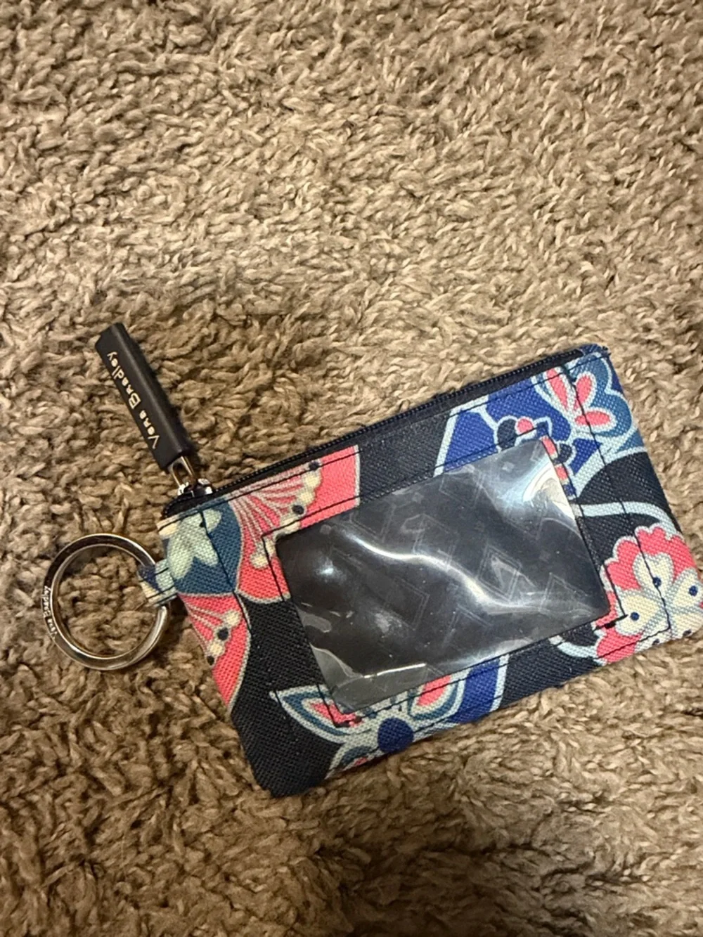 Vera Bradley Navy Floral Keyring Wristlet Pouch with Pink & Teal Accents - Picture 2 of 3